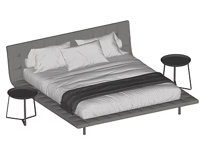 Gray Headboard Double Bed With White Pillows Dark Blanket And Black Side Tables 3d model