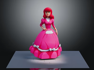 Red Haired Game Movie Character in Pink Dress with White Collar Bows on Gray Platform 3d model