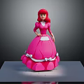 Red Haired Game Movie Character in Pink Dress with White Collar Bows on Gray Platform
