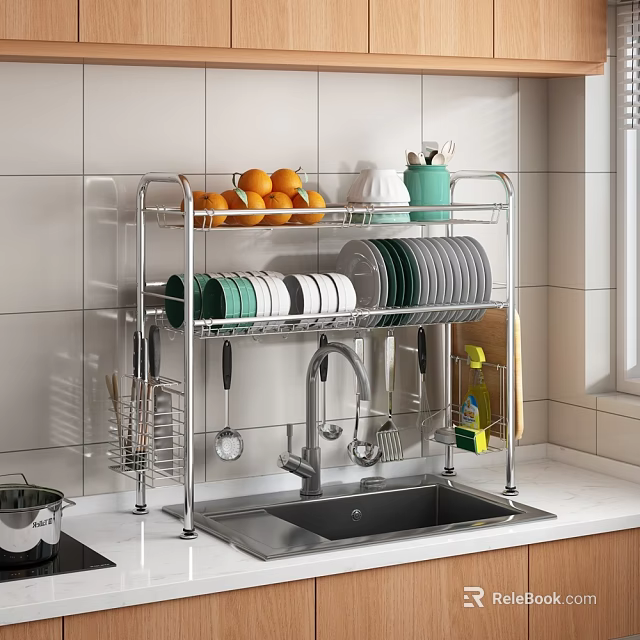 Stainless Steel Kitchen Dish Rack With Plates Cups And Oranges Above Sink On Tile Wall 3d model 