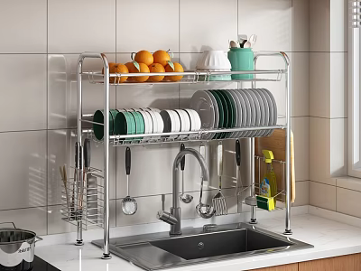 Stainless Steel Kitchen Dish Rack With Plates Cups And Oranges Above Sink On Tile Wall 3d model