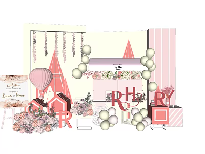 Pink Themed Window Display Decoration With Balloons Letter Decorations Gift Boxes And Floral Arrangements 3d model