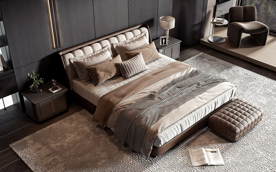 Luxurious Modern Double Bed with Upholstered Headboard Multiple Pillows Nightstand Table Lamp and Soft Rug 3d model 