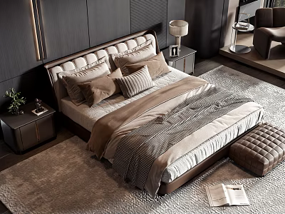 Luxurious Modern Double Bed with Upholstered Headboard Multiple Pillows Nightstand Table Lamp and Soft Rug 3d model