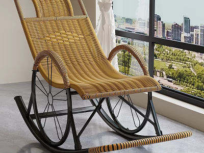 Wicker Rocking Chair With Black Frame And Comfortable Design By Window With City Park View 3d model