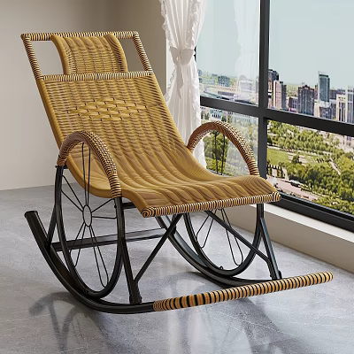Wicker Rocking Chair With Black Frame And Comfortable Design By Window With City Park View 3d model
