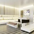 Modern Boutique With Open Space White Wooden Decor Display Shelves Sofa Seating And Striped Flooring