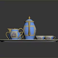 Handcrafted Porcelain Sculpture Tea Set With Blue Tray And Gold Decorative Patterns