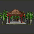 Chinese Style Pavilion With Red Tiled Roof Red Pillars And Bamboo Plants On Grass