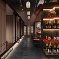 Traditional Japanese Restaurant Interior With Red Lanterns Maple Decor Bar Counter And Wooden Chairs