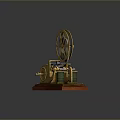 Vintage Brass Mechanical Computer Device With Large Wheel And Wooden Base