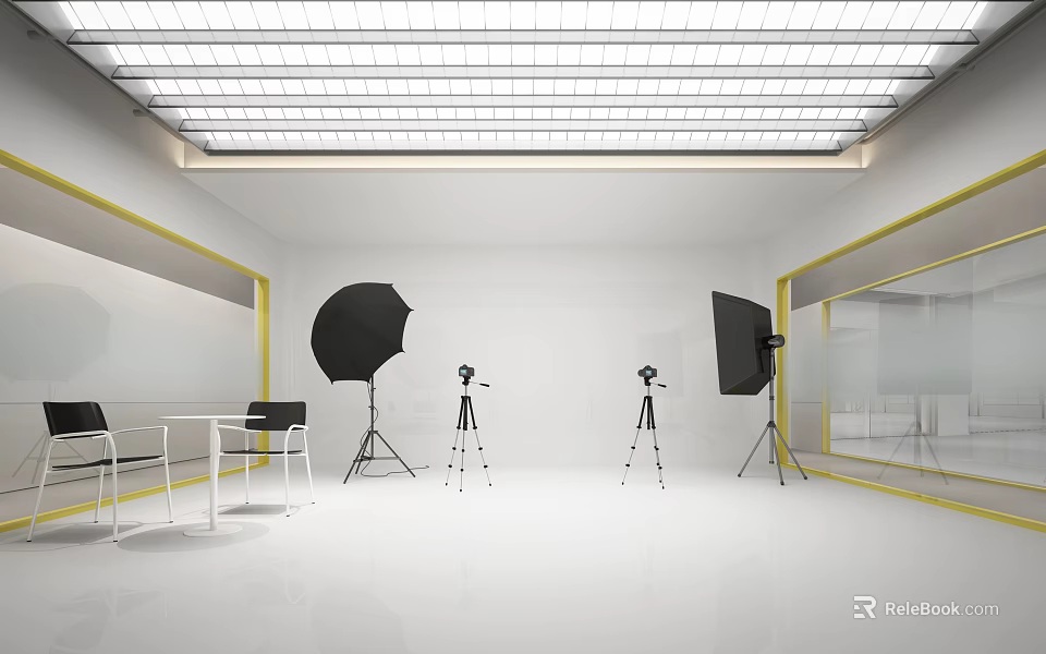 School Photography Studio With Lighting Equipment Tripods Tables And Chairs Setup 3d model 
