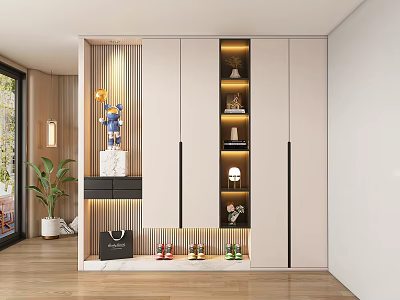 Modern Shoe Cabinet Interior Design With Storage Shelves Lighting And Decorative 3d model
