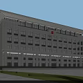 Modern Office Building Exterior With Overhanging Roof Regular Windows Columned Entrance And Lawn Plaza