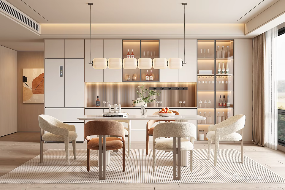 Modern Restaurant Interior With Dining Table Chairs Hanging Lights And Wine Cabinets 3d model 