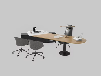 Modern Curved Office Desk with Desk Lamp Laptop Documents and Ergonomic Gray Office Chairs 3d model