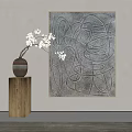 Abstract Painting Featuring Intricate Curved Lines With Vase Of White Flowers On Wooden Pedestal