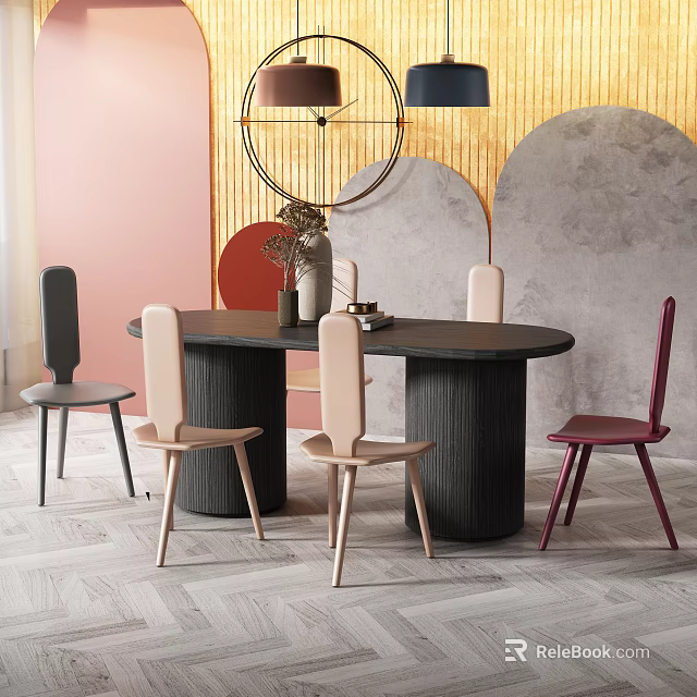 Modern Dining Table Set With Multi Colored Chairs Oval Design Pink Wall Gold Gray Decor 3d model