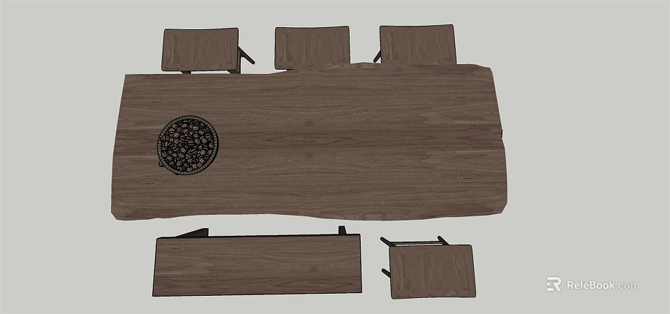 Wooden Dining Table Set With Four Chairs And Round Decorative Pattern 3d model 