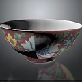 Red Ceramic Bowl With Colorful Floral Peony Patterns And White Rim