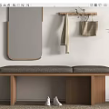 Wooden Bench with Gray Cushion Near Wall Mirror Hanging Rack White Shoes and Plant