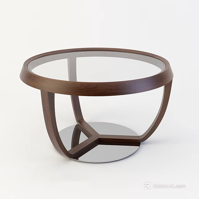Modern Round Coffee Table With Glass Top And Wooden Geometric Base 3d model 