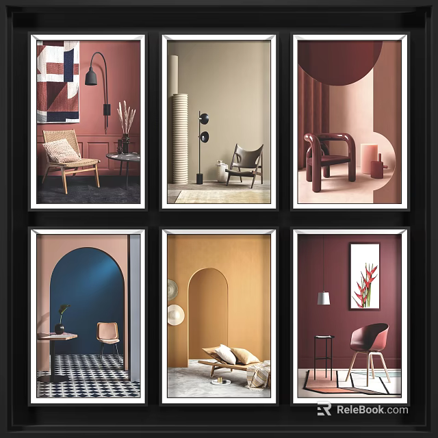 Colorful Interior Spaces With Various Colored Walls Furniture And Decor Elements 3d model 