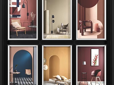 Colorful Interior Spaces With Various Colored Walls Furniture And Decor Elements 3d model