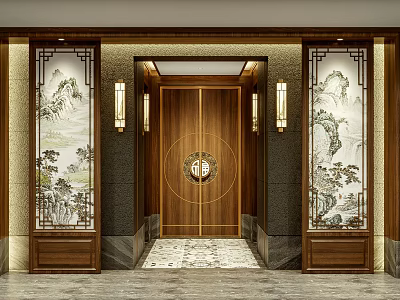 Elegant Hotel Corridor With Wooden Decor Landscape Paintings Wall Lamps And Marble Floor 3d model