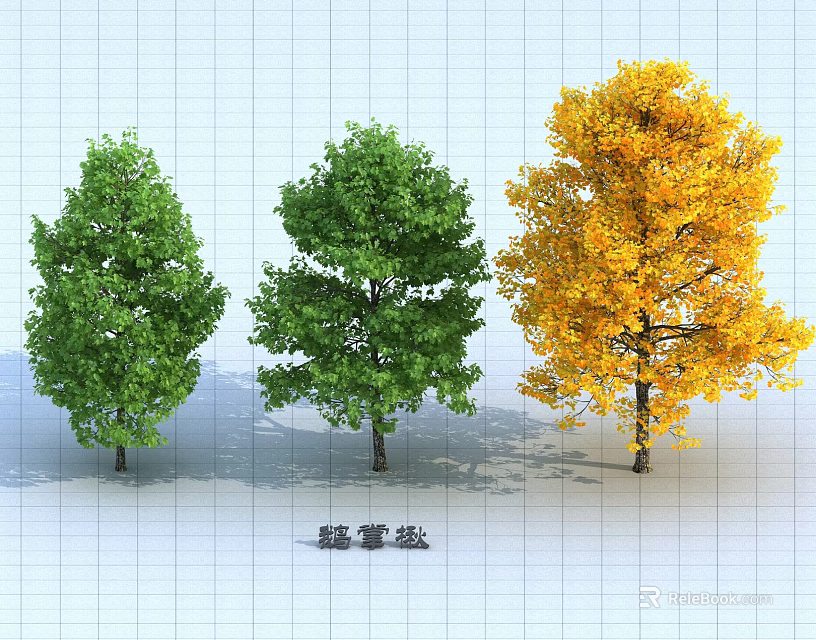 Three Arbor Trees with Green and Yellow Foliage in Landscape 3d model 