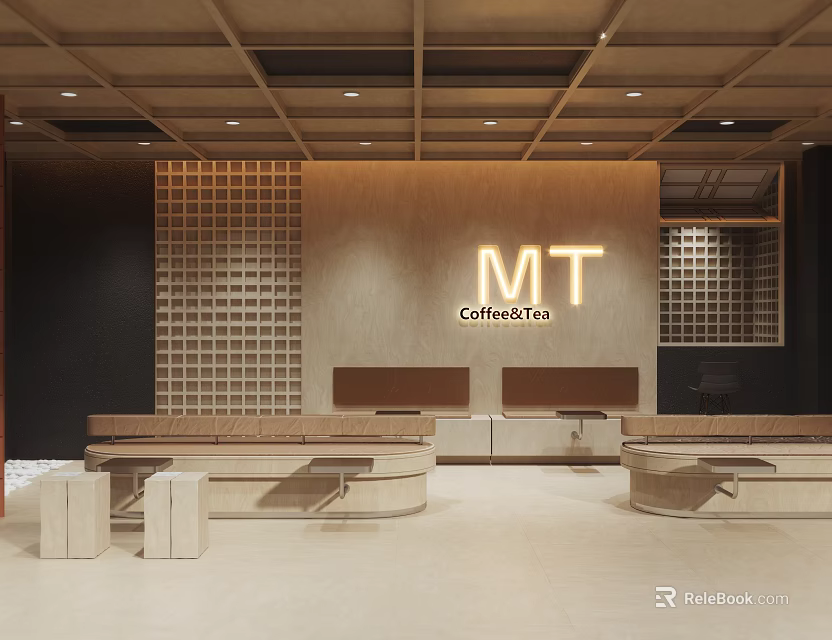 Modern Reception Desk With Wooden Wall Grid Design And Comfortable Waiting Seats 3d model 