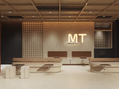 Modern Reception Desk With Wooden Wall Grid Design And Comfortable Waiting Seats 3d model
