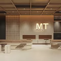 Modern Reception Desk With Wooden Wall Grid Design And Comfortable Waiting Seats