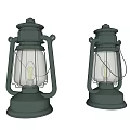 Pair of Vintage Green Lantern Lamps with Metal Frame and Glass Shade