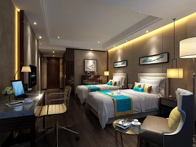 Modern Cozy Hotel Guest Room With Twin Beds Blue Accent And Wall Art 3d model