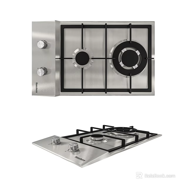 Modern Stainless Steel Gas Hob With Two Burners And Control Knobs Kitchen Appliance 3d model 