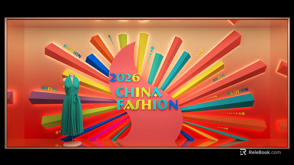 Vibrant 2026 China Fashion Window Display With Green Dress And Colorful Geometric Shapes 3d model 