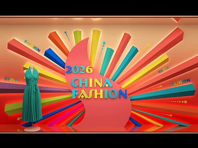 Vibrant 2026 China Fashion Window Display With Green Dress And Colorful Geometric Shapes 3d model