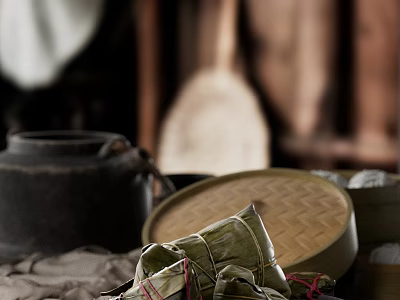 Bamboo Wrapped Rice Dumplings With Traditional Kitchenware 3d model