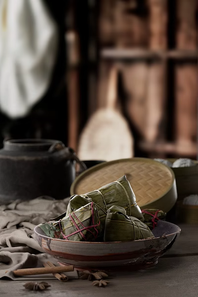 Bamboo Wrapped Rice Dumplings With Traditional Kitchenware 3d model