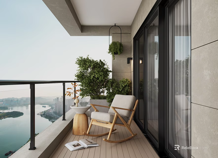 Modern Home Balcony With Wooden Deck Black Railing Rocking Chair Green Plants And Lake View 3d model 