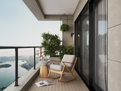 Modern Home Balcony With Wooden Deck Black Railing Rocking Chair Green Plants And Lake View 3d model