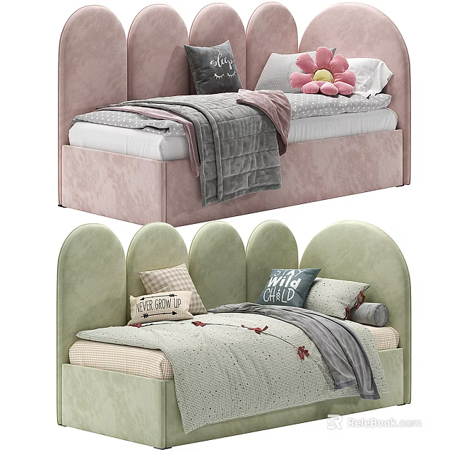 Stylish Pink and Green Kids Beds with Upholstered Headboards Decorative Pillows and Blankets 3d model 