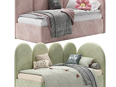 Stylish Pink and Green Kids Beds with Upholstered Headboards Decorative Pillows and Blankets 3d model