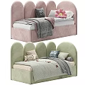 Stylish Pink and Green Kids Beds with Upholstered Headboards Decorative Pillows and Blankets