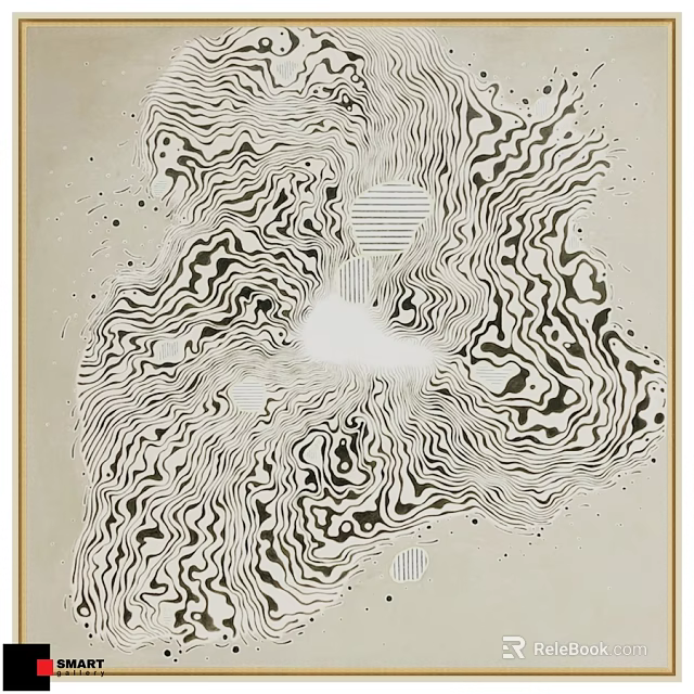 Abstract Black And White Frame With Wavy Lines And Geometric Shapes Art 3d model 