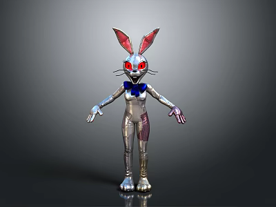 3D Rendered Robot Rabbit With Metallic Silver Body Blue Bow Tie And Red Eyes 3d model