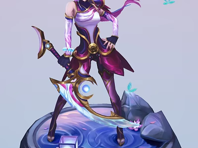 Fantasy Female Character in Purple White Outfit With Ornate Sword and Butterflies on Water Platform 3d model