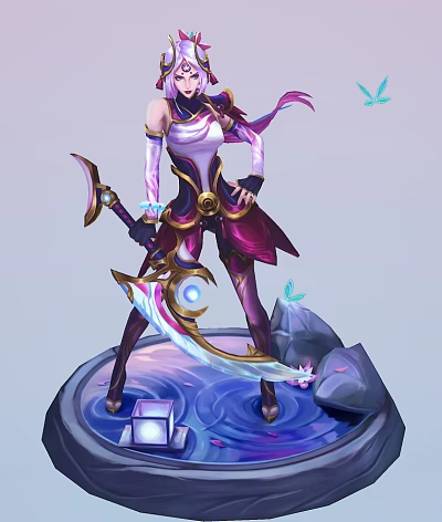 Fantasy Female Character in Purple White Outfit With Ornate Sword and Butterflies on Water Platform 3d model