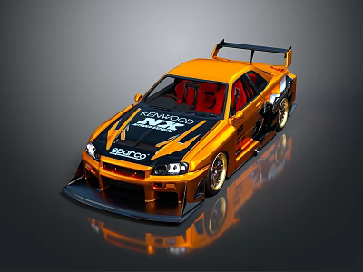 Orange Modified Race Car With TOP SECRET R34 Livery Large Rear Spoiler And Sport Wheels 3d model